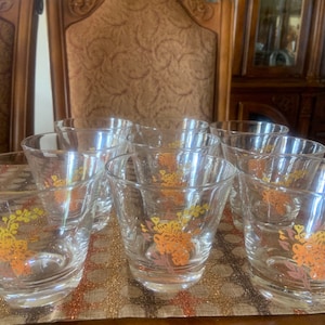 Set di 9 bicchieri da bere vintage Mid Century Modern Fall Look Old Fashioned Rocks Orange Brown Leaf Floral Pattern