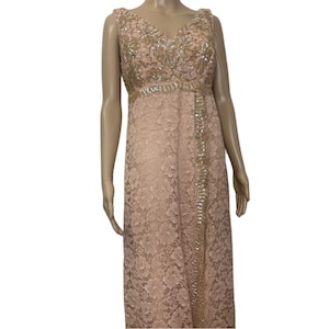 Vintage Late 50’s Emma Domb ILGWU Blush Lace Sequins Formal Evening Gown Prom Dress Wedding Union Made