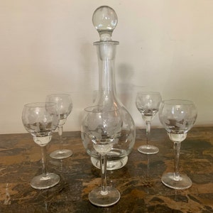Vintage Mid Century Modern Crystal Liquor Decanter Glasses Cordial Set With Grapes & Leaves
