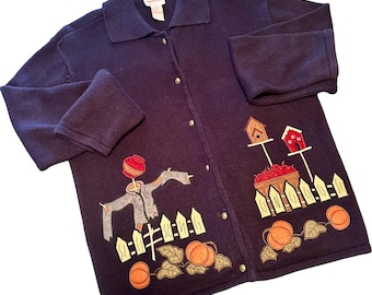 Vintage 90’s Crystal Kobe Fall Themed Scarecrow Apples Long Sleeve Cardigan Sweater Pumpkins Autumn