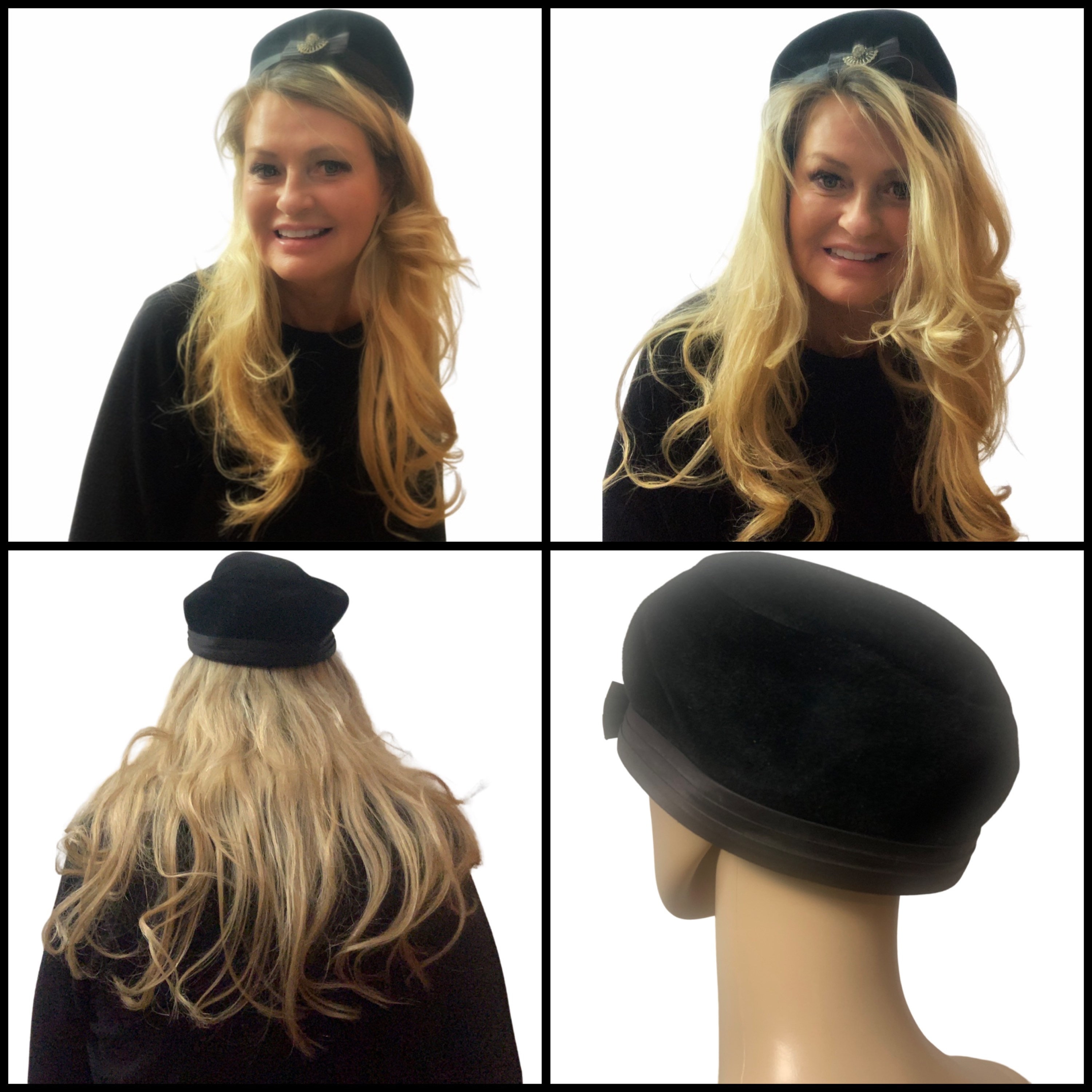 Vintage 50’s Mid Century Capital Black Velour Pill Box Hat Rhinestone Accent Vintage Mid Century Black Velvet Pillbox Hat W/ Black Jewel  main image 4