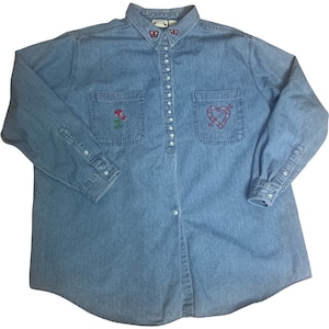 Vintage 80’s Coastal Grandma Long Sleeve Denim Chambray Shirt By Best Garment Co. Embroidered Hearts Flowers Shirt