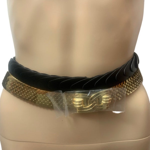 New Vintage 80’s Gold Sequin Stretch Black Metal Belts Retro Disco Glam Rock