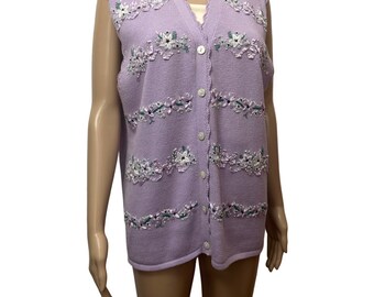 Vintage 90’s  Floral Embroidered Lavender Sweater Vest Cottage Core Grandma Sweater Spring Summer Pastel