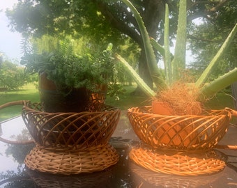 Mid Century Modern Vintage Wicker Coffee Cup Plant Baskets Bohemian Coffee Lover