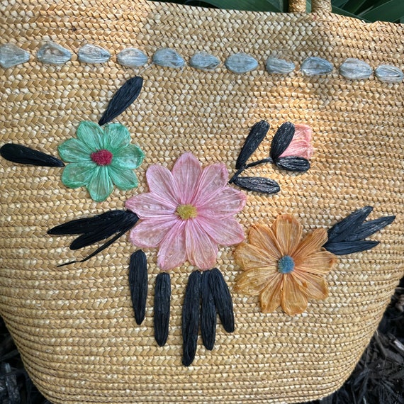 Vintage Rattan Straw Wicker Lined Raffia Flowers Bag … - Gem