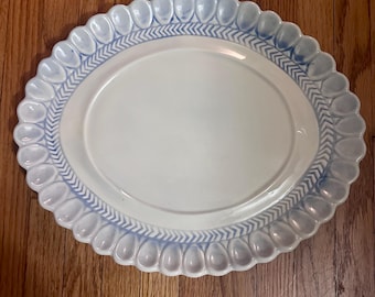 Vintage Antique 1930's Mountainside Art Pottery White & Blue Thumbprint Oval Large Serving Platter