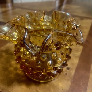 Vintage Fenton Honey Amber Mid Century Modern Hobnail Crimped Ruffled Bowl 4” Round