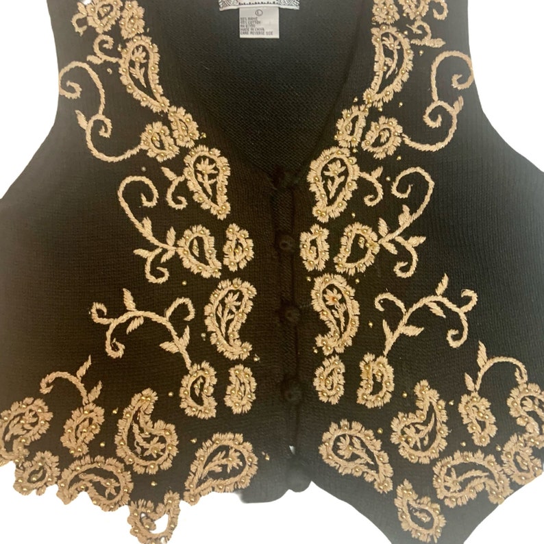 Vintage 80\u2019s Black Tan Metallic Gold Paisley Sweater Vest