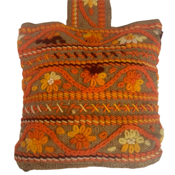 Vintage 70’s Boho Embroidered Burlap Bag Purse Or… - image 3