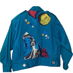 Vintage 80’s Maxium Stone Artisttic Embellished Colorful New Wave Motto Turquoise Blue Denim Jacket