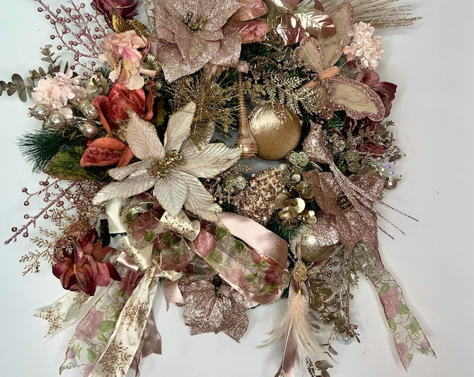 Elegant Rose Gold Floral Blush Christmas Poinsettias Door Wall Wreath ...