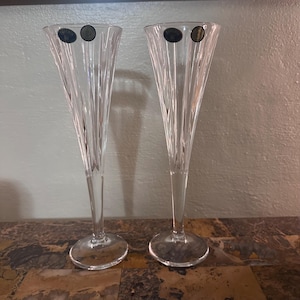 Vintage 1990's Unused In Box 24% Lead Crystal Champagne Flutes  Made By Podebrady Crystal Bohemia Czech Republic Wedding