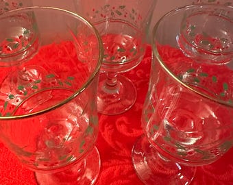 Vintage 80’s Libbey's Arby's Holly Berry Optic Swirl Wine Stemmed Glasses With Gold Trim Set of 5