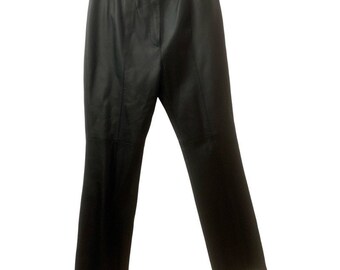 Vintage Black 100% Leather Lined Split Hem Flat Front Straight Leg  Pants