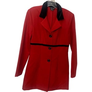 Vintage 80’s My Michelle Red Long Power Blazer Black Velvet Accents Riding Style Jacket