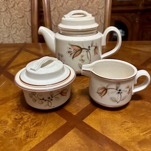 Vintage 70’s Noritake Versatone Japan Fallriver Floral Earth Tones Teapot Sugar Bowl & Creamer