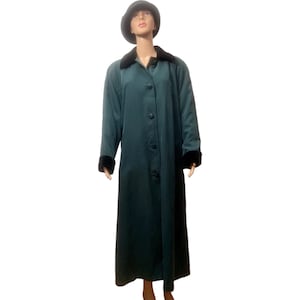 Vintage London Fog Teal Black Velvet Collar & Cuffs Removable Lining Trench Long Coat