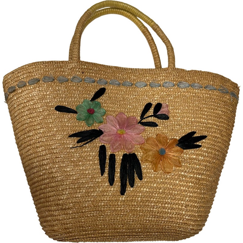 Vintage Rattan Straw Wicker Lined Raffia Flowers Bag Purse Cottage ...