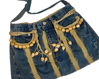 Vintage Bohemian Handmade Blue Denim Jean Tommy Hilfiger Crossbody Handbag Festival Hippie