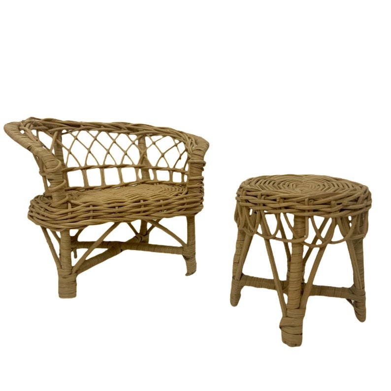Vintage Boho Mini Wicker Settee Couch Table Doll Furniture Plant Stand