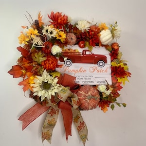 Fall Floral Red Truck Farmhouse Sunflower Mums Door Vibrant Autumn Wall Wreath