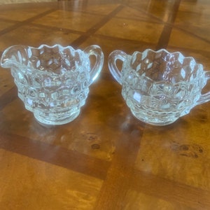Vintage 50’s Mid Century Modern Fostoria American Cubed Glass Sugar Bowl & Creamer Set