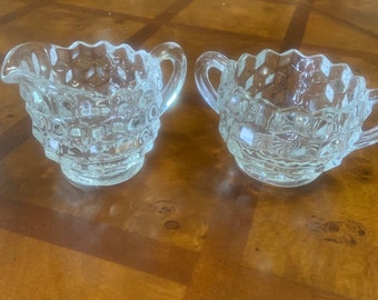 Juego de azucarero y jarra para crema Fostoria American de vidrio cúbico, estilo moderno de mediados de siglo, años 50.