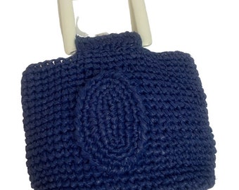 Vintage 60’s Made In Japan Blue Woven Straw Bag Coastal Small Double Handled Purse Handbag Mod Bohemian Retro