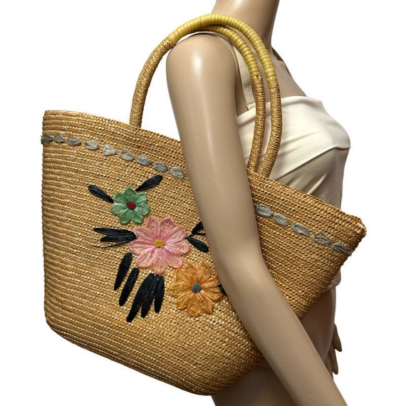Vintage Rattan Straw Wicker Lined Raffia Flowers Bag … - Gem