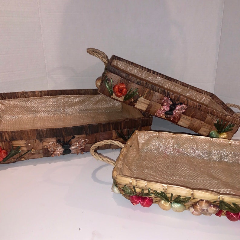 Vintage Casserole Dish Basket Holders With Raffia Flowers Etsy