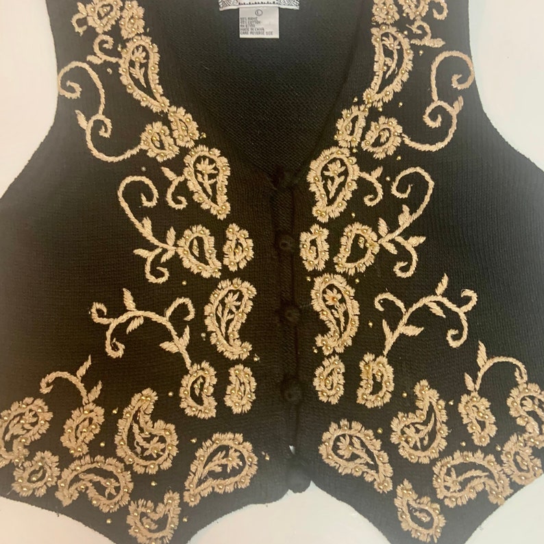 Vintage 80\u2019s Black Tan Metallic Gold Paisley Sweater Vest