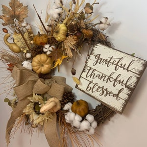 Fall Farmhouse Sunflower Natural Colors Burlap Blessed Thanksgiving Autumn Wreath With Sign