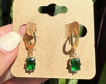 Emerald Earrings, Gold Earrings, May Birthstone, Dangle Earrings, Gold Huggies, Emerald Jewelry