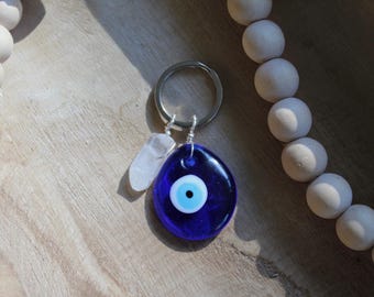 Glass Evil Eye Keychain with Clear Quartz