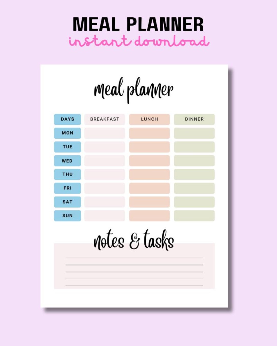 Food Plan Note Printable Meal Planner: Food Prep, Notes & Tasks (instant Download) - Etsy