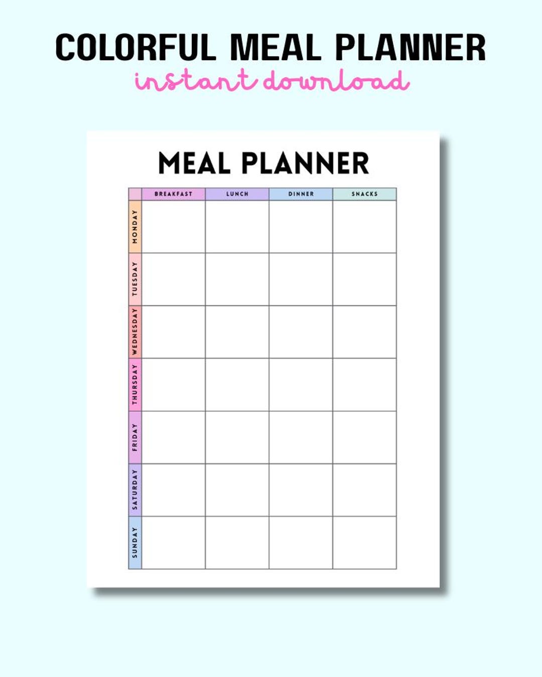 Printable Colorful Meal Planner: Food Prep, Notes & Tasks (instant ...