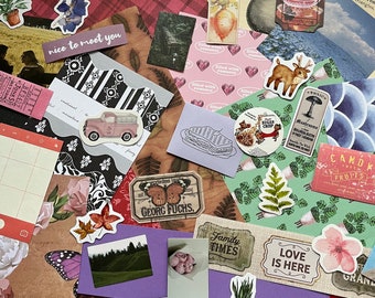 100 piece junk journal grab bag -mystery - scraps - paper - scrapbooking - journaling - card making - floral - vintage - ephemera - stickers