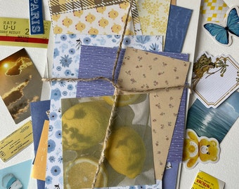 25pc Mini Blue X Yellow Junk Journal Kit vintage - floral - ephemera - scrapbook - scraps - stickers - mystery - botanical - grab bag - sky