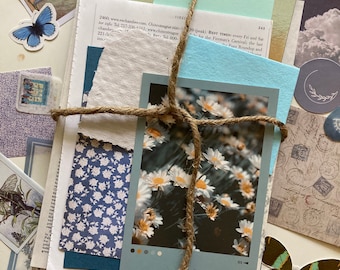 25pc Mini Blue Junk Journal Kit vintage - floral - ephemera - scrapbook - scraps - stickers - mystery - botanical - grab bag - sky - summer