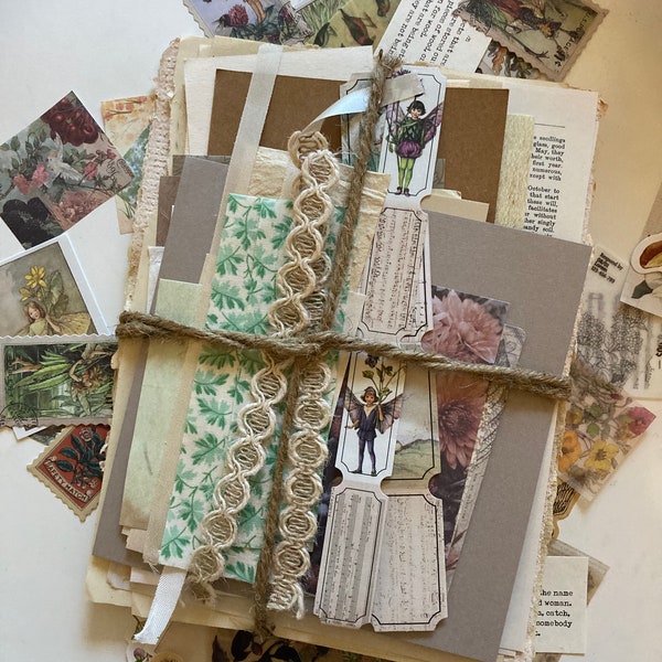 25pc Mini Cottage Core Junk Journal Kit - vintage - floral - ephemera - scrapbook - scraps - stickers - supplies - botanical - grab bag