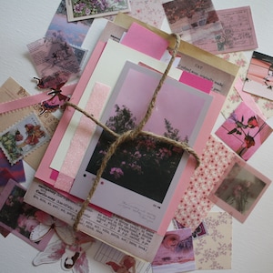 Kit de 25 mini carnets roses vintage - fleurs - éphémères - scrapbook - chutes - autocollants - mystère - botanique - sac à main - ciel - été