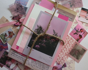25pc Mini Pink Junk Journal Kit vintage - floral - ephemera - scrapbook - scraps - stickers - mystery - botanical - grab bag - sky - summer