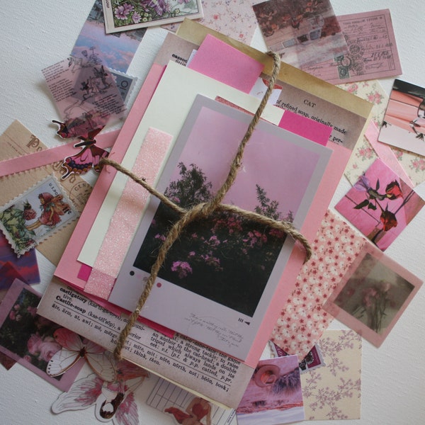 25pc Mini Pink Junk Journal Kit vintage - floral - ephemera - scrapbook - scraps - stickers - mystery - botanical - grab bag - sky - summer