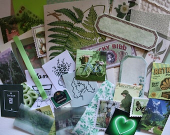 25pc Mini Green Junk Journal Kit vintage - floral - ephemera - scrapbook - scraps - stickers - mystery - botanical - grab bag - sky - summer