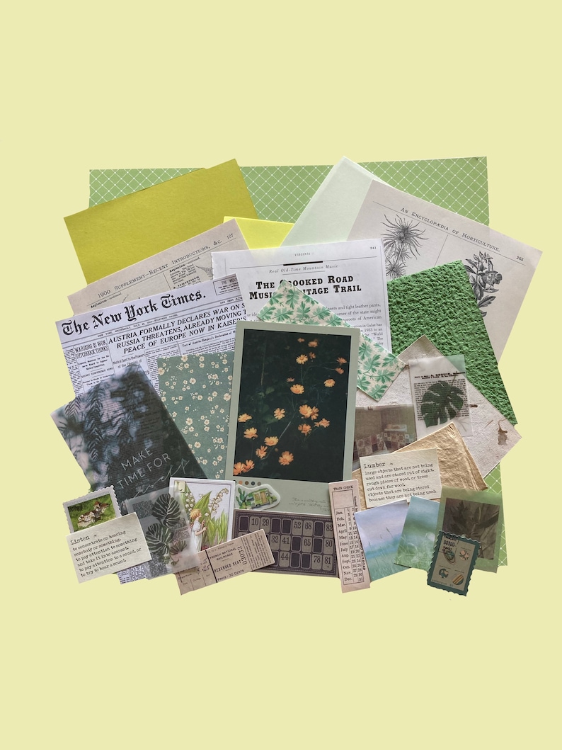 Green ThemedJunk Journal Kit (40 pieces) - Scrapbooking - Collage - Card Making - Mystery - Vintage - Floral Nature - Botanical - Paper zdjęcie 1