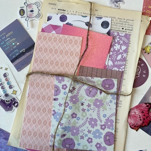 25pc Mini Pink X Purple Junk Journal Kit vintage - floral - éphémères - scrapbook - restes - autocollants - mystère - botanique - sac à main - ciel