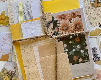 25pc Mini Yellow Junk Journal Kit - vintage - floral - ephemera - scrapbook - scraps - stickers - mystery - botanical - grab bag