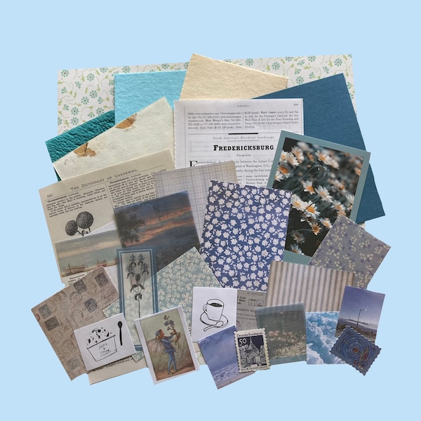 Blue Themed (40 piece) Junk Journal Kit - Scrapbooking - Collage - Card Making - Vintage - Floral Nature - Botanical - Handmade Paper