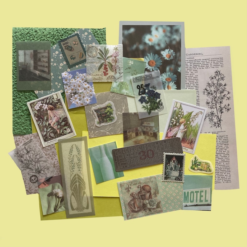 Green ThemedJunk Journal Kit (40 pieces) - Scrapbooking - Collage - Card Making - Mystery - Vintage - Floral Nature - Botanical - Paper zdjęcie 2